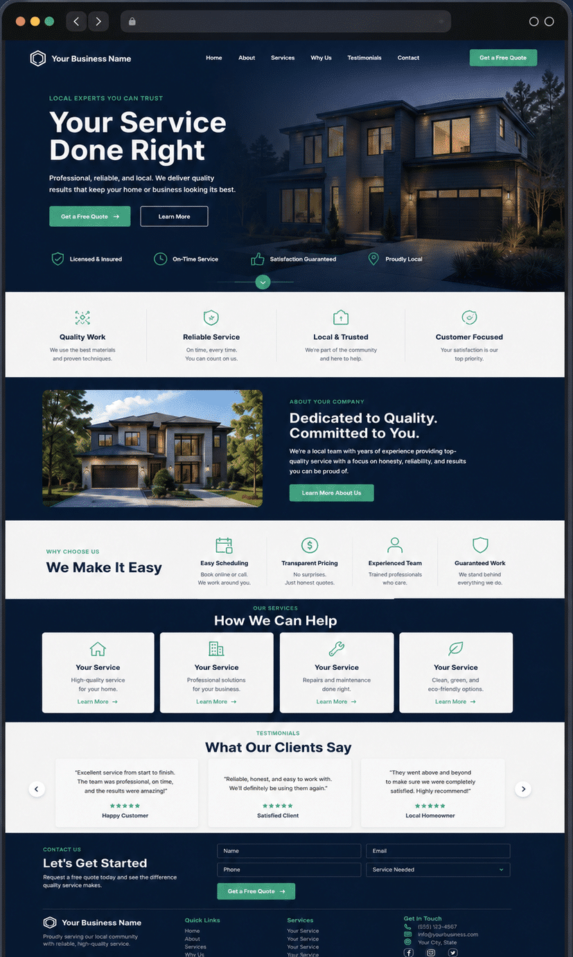 Animated preview of a polished business website scrolling through modern homepage sections built by WPSoil